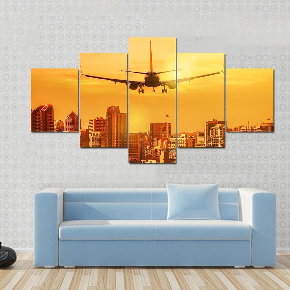 Airplane Flying Towards Big City Canvas Wall Art-5 Star-Gallery Wrap-62" x 32"-Tiaracle