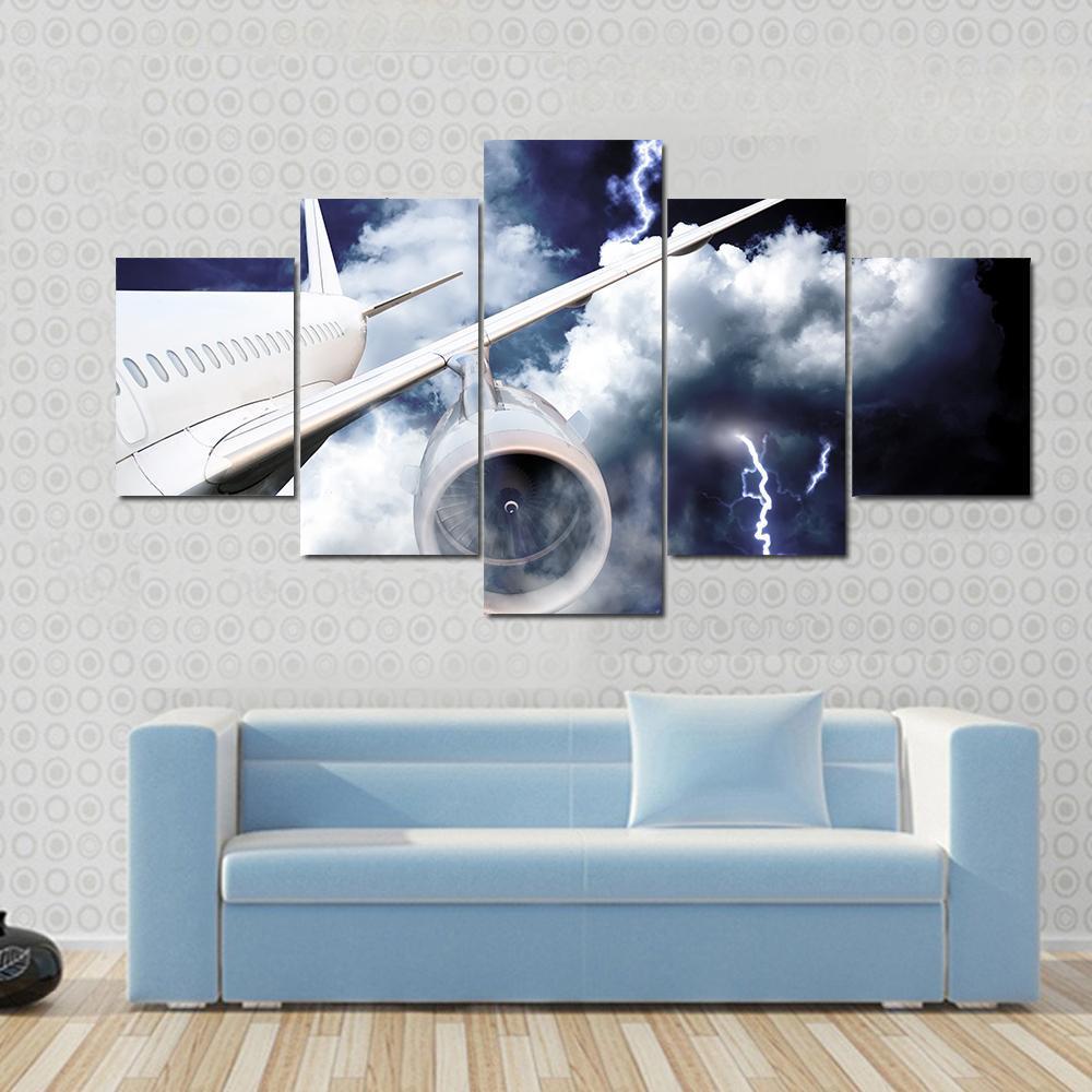 Airplane In Thunderstorm Canvas Wall Art-5 Star-Gallery Wrap-62" x 32"-Tiaracle