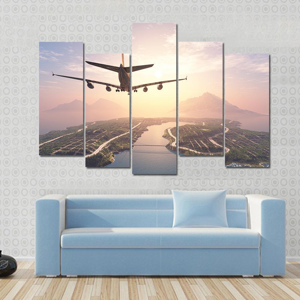 Airplane Landing On Island Canvas Wall Art-5 Pop-Gallery Wrap-47" x 32"-Tiaracle