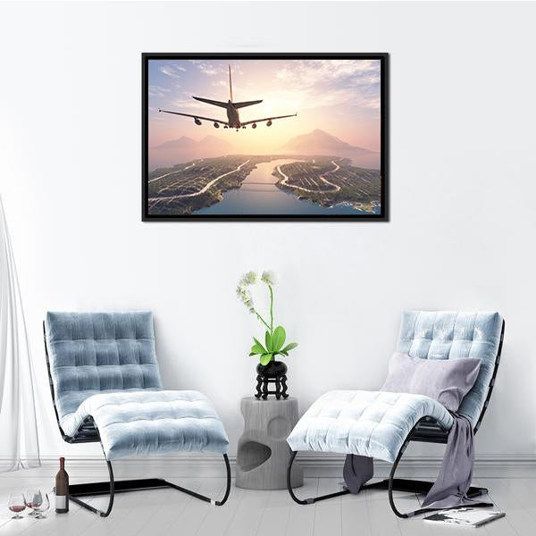 Airplane Landing On Island Canvas Wall Art-5 Horizontal-Gallery Wrap-22" x 12"-Tiaracle
