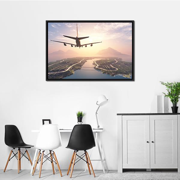 Airplane Landing On Island Canvas Wall Art-1 Piece-Floating Frame-24" x 16"-Tiaracle