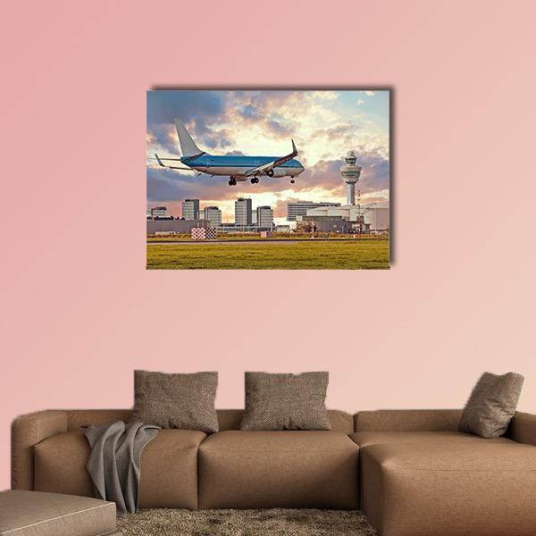 Airplane Landing On Schiphol Airport Canvas Wall Art-1 Piece-Gallery Wrap-48" x 32"-Tiaracle