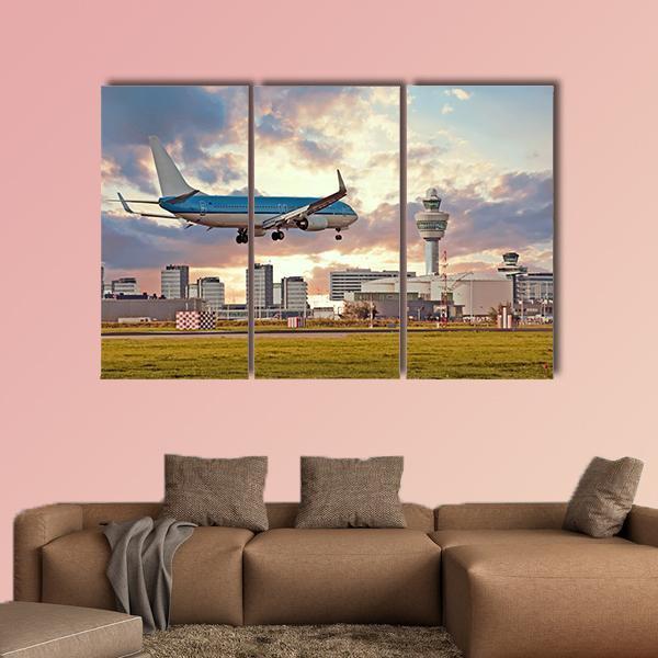 Airplane Landing On Schiphol Airport Canvas Wall Art-3 Horizontal-Gallery Wrap-37" x 24"-Tiaracle