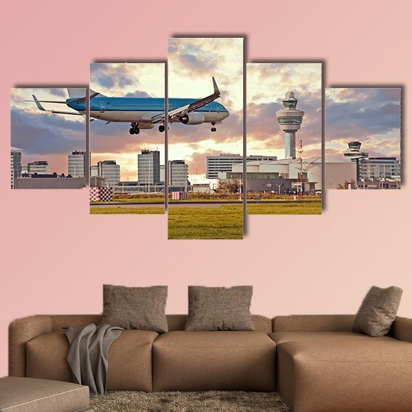 Airplane Landing On Schiphol Airport Canvas Wall Art-5 Star-Gallery Wrap-62" x 32"-Tiaracle