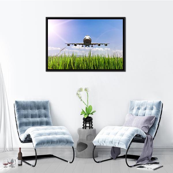 Airplane On Blue Sky Canvas Wall Art-5 Horizontal-Gallery Wrap-22" x 12"-Tiaracle