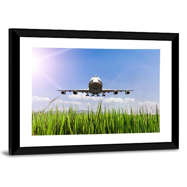 Airplane On Blue Sky Canvas Wall Art-5 Horizontal-Gallery Wrap-22" x 12"-Tiaracle