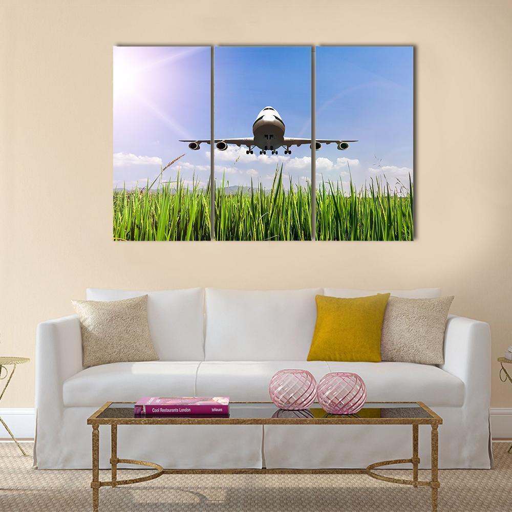 Airplane On Blue Sky Canvas Wall Art-3 Horizontal-Gallery Wrap-37" x 24"-Tiaracle