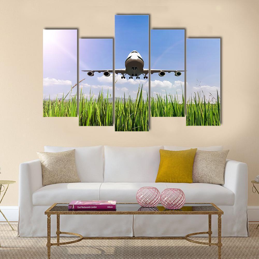 Airplane On Blue Sky Canvas Wall Art-5 Pop-Gallery Wrap-47" x 32"-Tiaracle