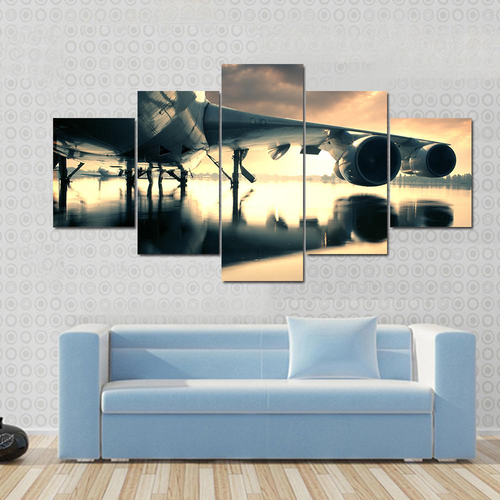 Airplane Over Water In The Thailand Canvas Wall Art-5 Star-Gallery Wrap-62" x 32"-Tiaracle