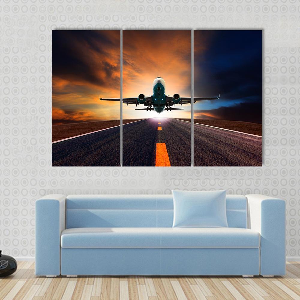 Airplane Taking Off From A Runway Canvas Wall Art-3 Horizontal-Gallery Wrap-37" x 24"-Tiaracle