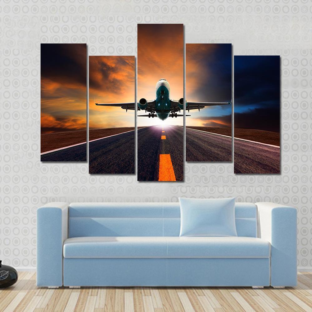 Airplane Taking Off From A Runway Canvas Wall Art-5 Pop-Gallery Wrap-47" x 32"-Tiaracle