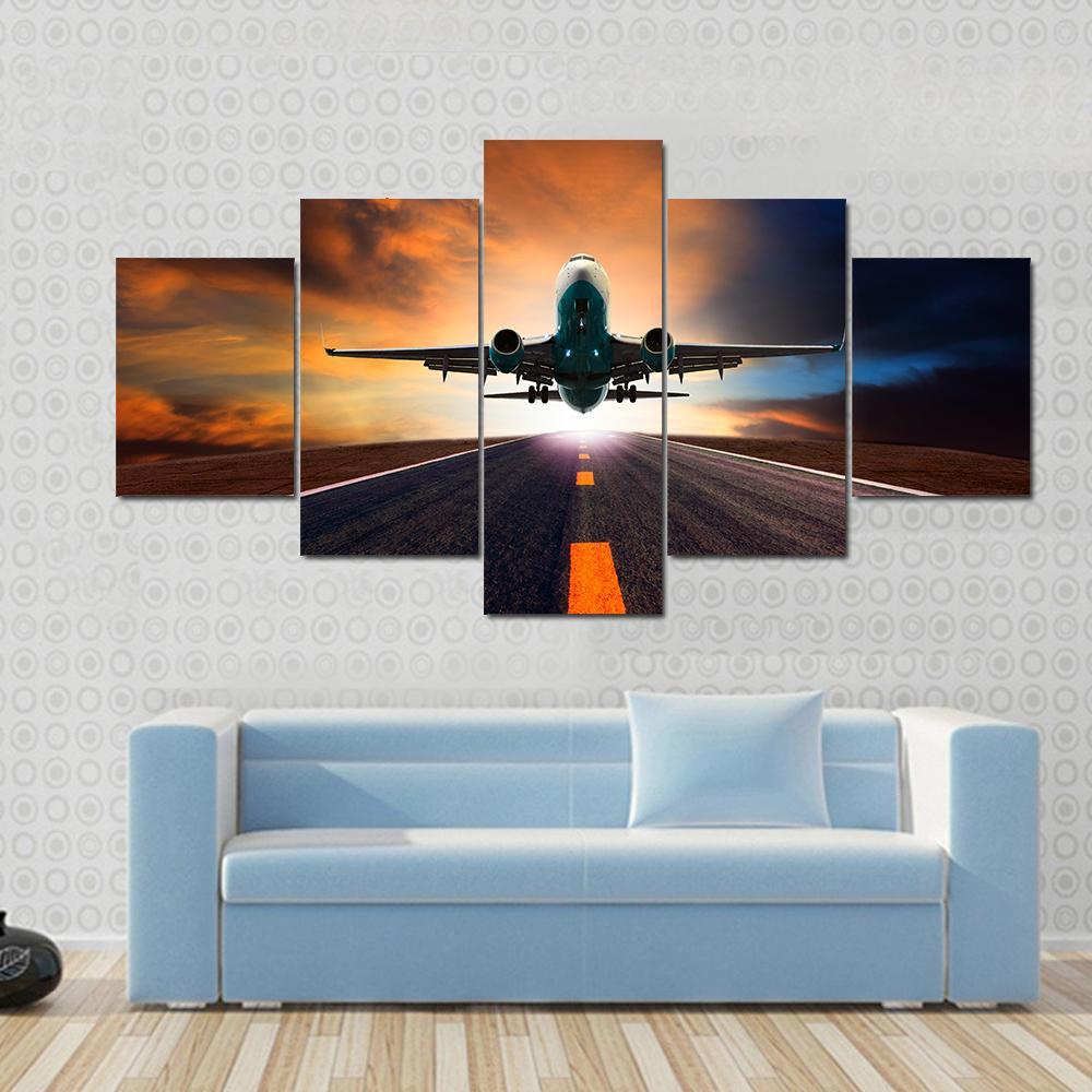 Airplane Taking Off From A Runway Canvas Wall Art-5 Star-Gallery Wrap-62" x 32"-Tiaracle