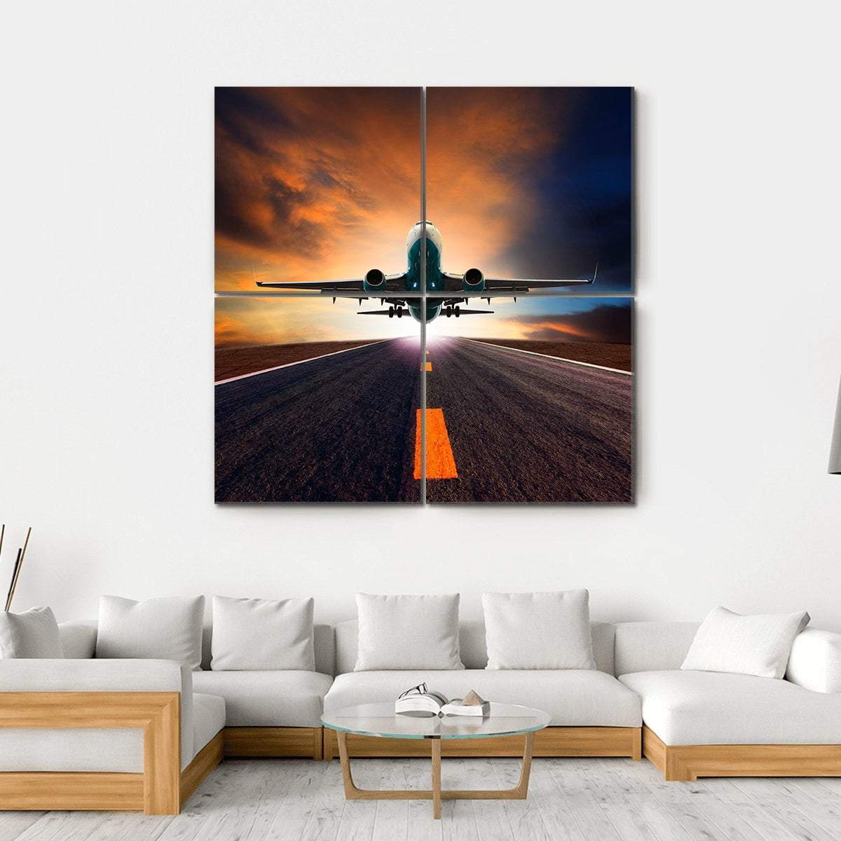 Airplane Taking Off From A Runway Canvas Wall Art-4 Square-Gallery Wrap-17" x 17"-Tiaracle