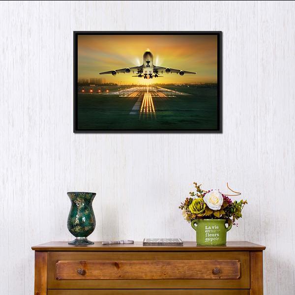 Airplane Taking Off From Runway Canvas Wall Art-1 Piece-Floating Frame-24" x 16"-Tiaracle
