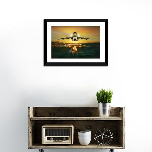 Airplane Taking Off From Runway Canvas Wall Art-1 Piece-Framed Print-20" x 16"-Tiaracle