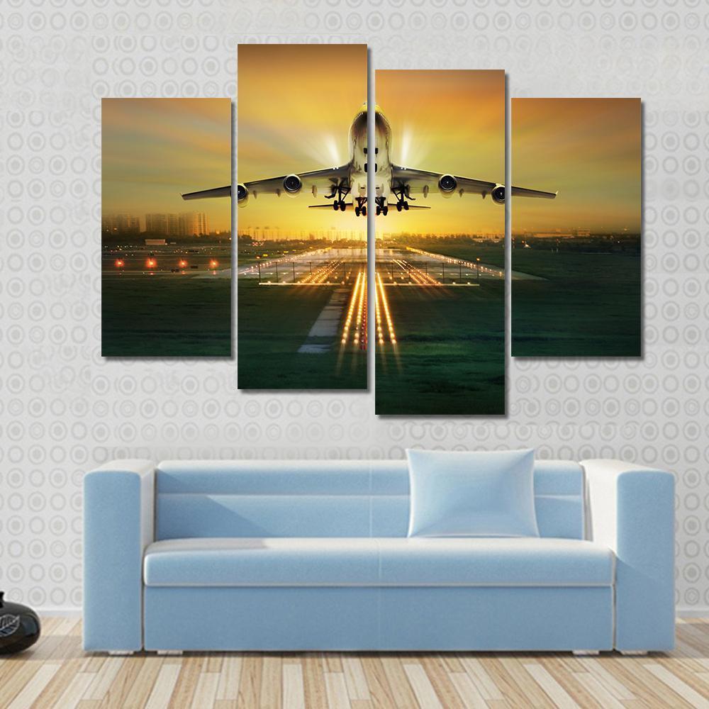 Airplane Taking Off From Runway Canvas Wall Art-4 Pop-Gallery Wrap-50" x 32"-Tiaracle