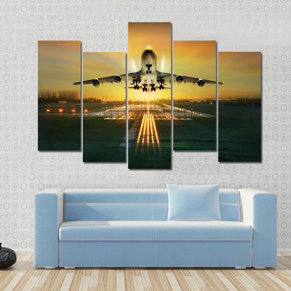 Airplane Taking Off From Runway Canvas Wall Art-5 Pop-Gallery Wrap-47" x 32"-Tiaracle