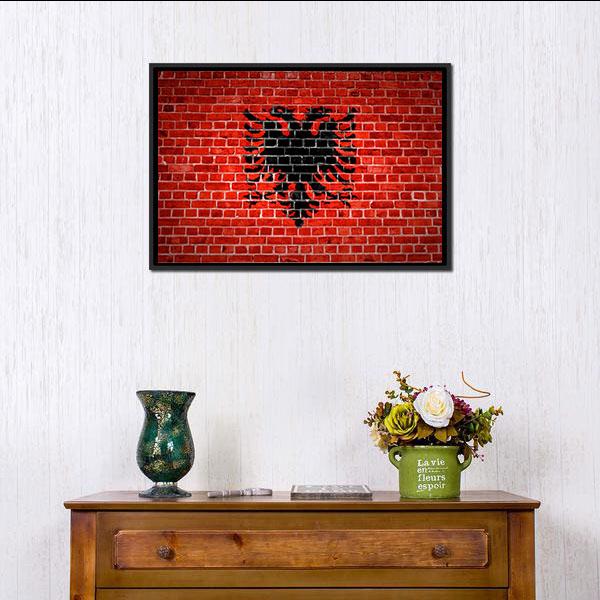Albanian Flag On Brick Wall Canvas Wall Art-1 Piece-Floating Frame-24" x 16"-Tiaracle