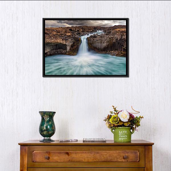 Aldeyjarfoss Fall Canvas Wall Art-1 Piece-Floating Frame-24" x 16"-Tiaracle