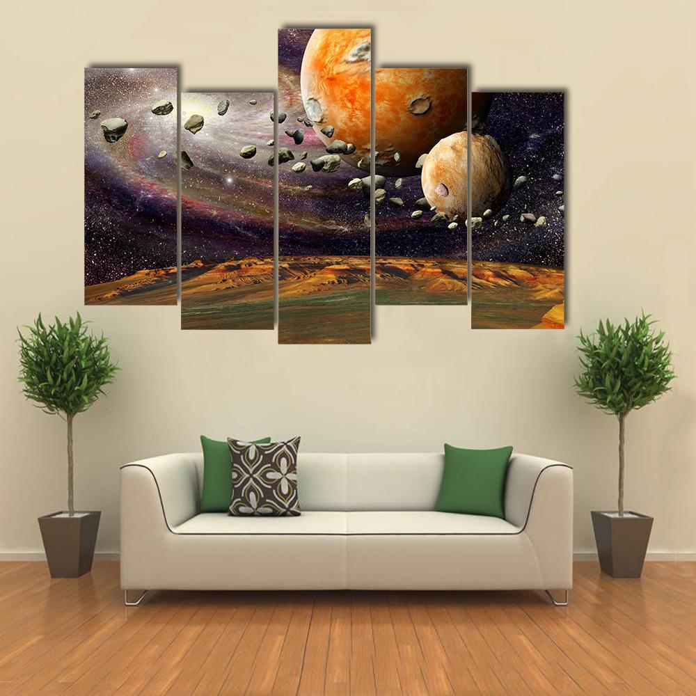 Alien Planet & Asteroid Belt Canvas Wall Art-5 Pop-Gallery Wrap-47" x 32"-Tiaracle