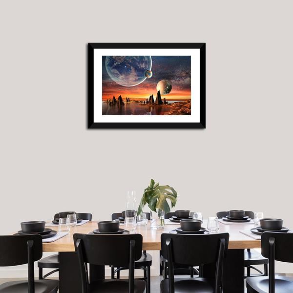 Alien Planet With Mountains Canvas Wall Art-3 Horizontal-Gallery Wrap-25" x 16"-Tiaracle