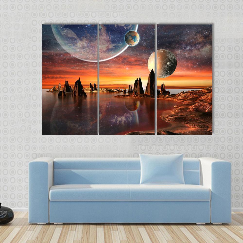 Alien Planet With Mountains Canvas Wall Art-3 Horizontal-Gallery Wrap-37" x 24"-Tiaracle