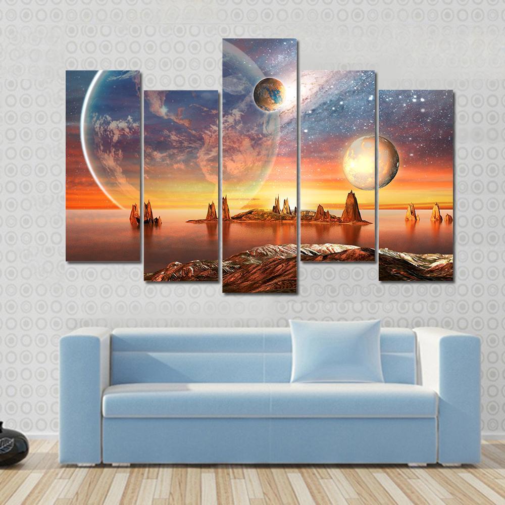 Alien Planet With Mountains Canvas Wall Art-5 Pop-Gallery Wrap-47" x 32"-Tiaracle