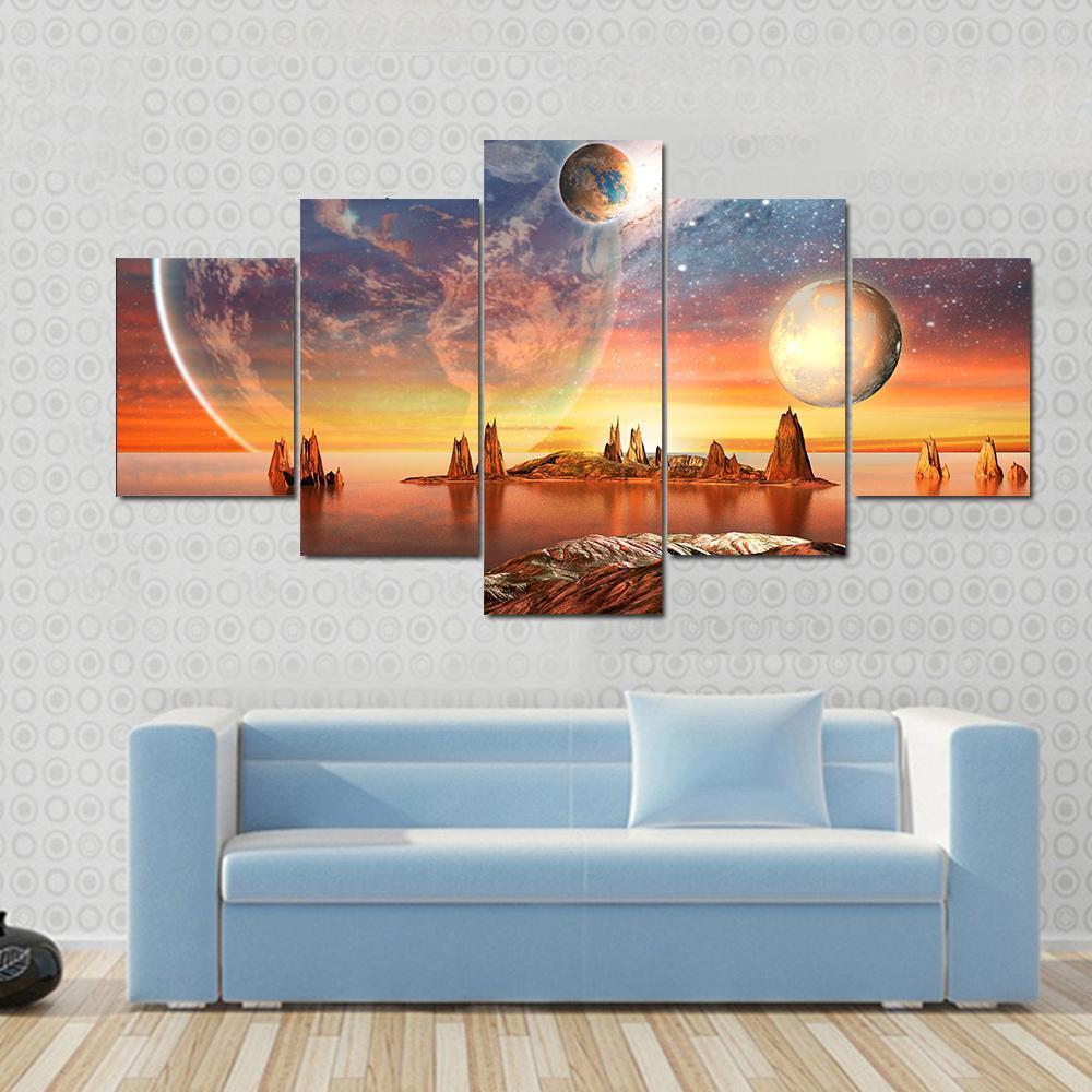 Alien Planet With Mountains Canvas Wall Art-5 Star-Gallery Wrap-62" x 32"-Tiaracle