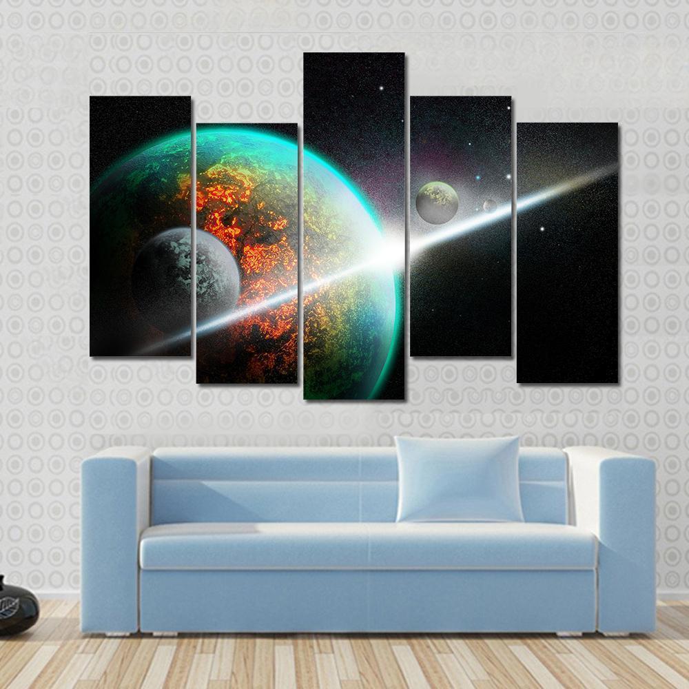Alien Planet With Rings Canvas Wall Art-5 Pop-Gallery Wrap-47" x 32"-Tiaracle