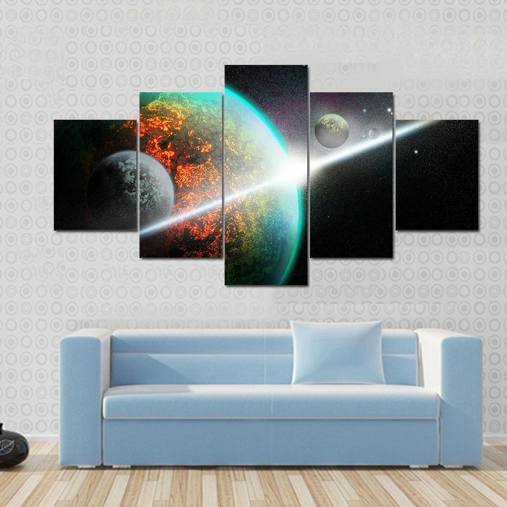 Alien Planet With Rings Canvas Wall Art-5 Star-Gallery Wrap-62" x 32"-Tiaracle