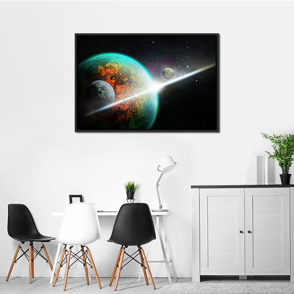 Alien Planet With Rings Canvas Wall Art-1 Piece-Floating Frame-24" x 16"-Tiaracle