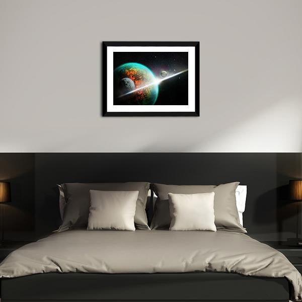 Alien Planet With Rings Canvas Wall Art-3 Horizontal-Gallery Wrap-25" x 16"-Tiaracle