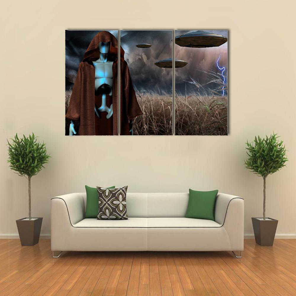 Alien Robot In Field Canvas Wall Art-3 Horizontal-Gallery Wrap-37" x 24"-Tiaracle