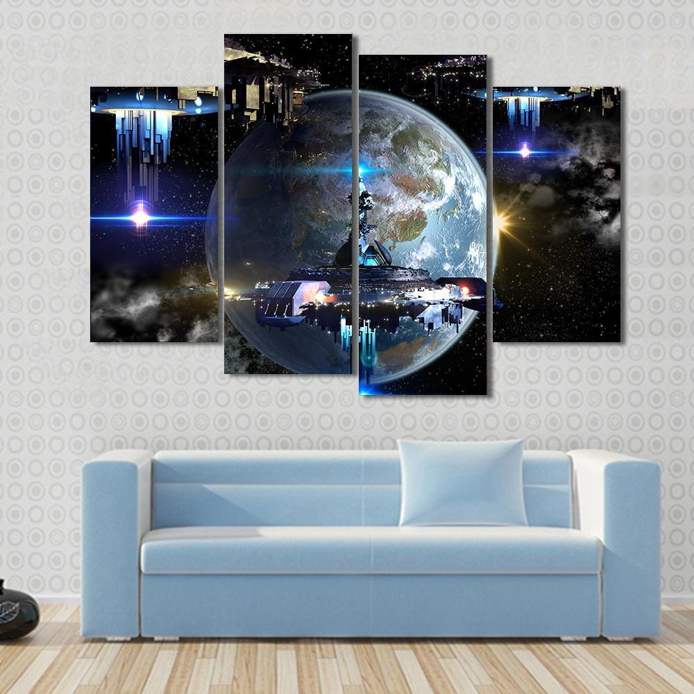 Alien Spaceship Moving Near Earth Canvas Wall Art-4 Pop-Gallery Wrap-50" x 32"-Tiaracle