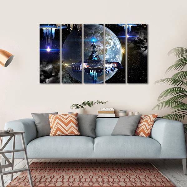 Alien Spaceship Moving Near Earth Canvas Wall Art-5 Horizontal-Gallery Wrap-22" x 12"-Tiaracle