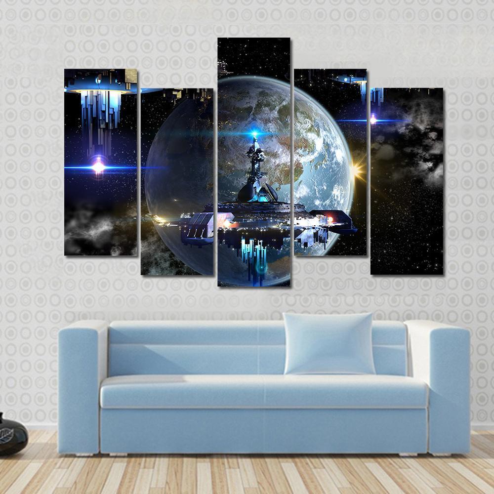 Alien Spaceship Moving Near Earth Canvas Wall Art-5 Pop-Gallery Wrap-47" x 32"-Tiaracle