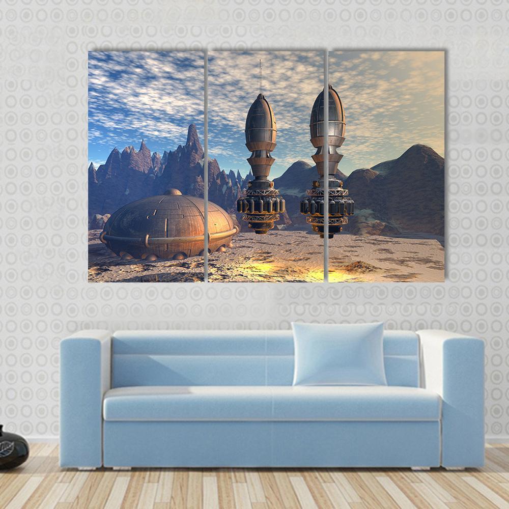 Alien Spaceship On Deep Planet Canvas Wall Art-3 Horizontal-Gallery Wrap-37" x 24"-Tiaracle