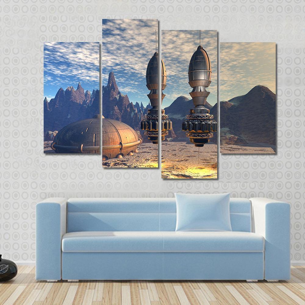 Alien Spaceship On Deep Planet Canvas Wall Art-4 Pop-Gallery Wrap-50" x 32"-Tiaracle