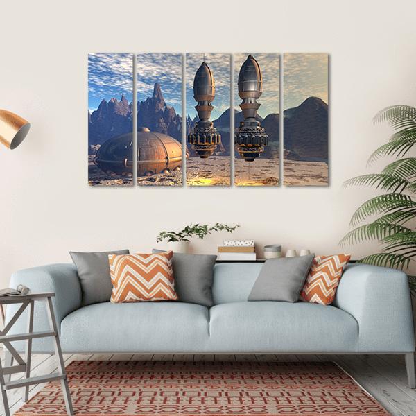 Alien Spaceship On Deep Planet Canvas Wall Art-5 Horizontal-Gallery Wrap-22" x 12"-Tiaracle