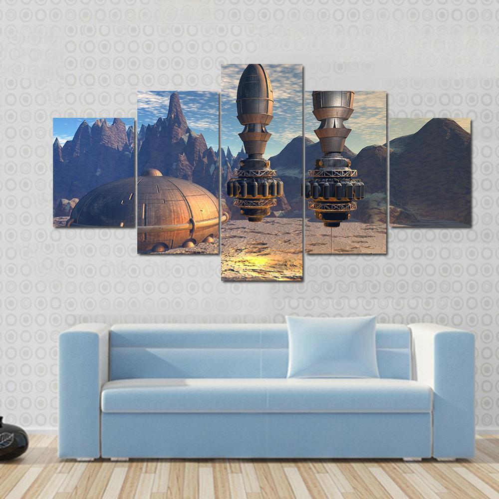 Alien Spaceship On Deep Planet Canvas Wall Art-5 Star-Gallery Wrap-62" x 32"-Tiaracle