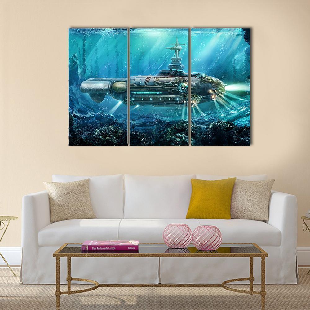 Alien Submarine In Sea Canvas Wall Art-3 Horizontal-Gallery Wrap-37" x 24"-Tiaracle