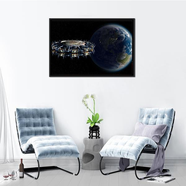 Alien UFO Near Earth Canvas Wall Art-3 Horizontal-Gallery Wrap-25" x 16"-Tiaracle