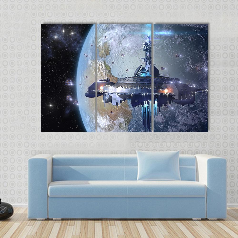 Aliens Mothership UFO Canvas Wall Art-3 Horizontal-Gallery Wrap-37" x 24"-Tiaracle