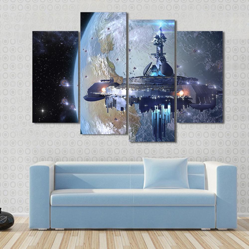 Aliens Mothership UFO Canvas Wall Art-4 Pop-Gallery Wrap-50" x 32"-Tiaracle