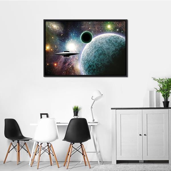 Aliens UFO In Deep Space Canvas Wall Art-1 Piece-Floating Frame-24" x 16"-Tiaracle