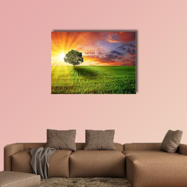 Alone Tree On Green Meadow Canvas Wall Art-1 Piece-Gallery Wrap-36" x 24"-Tiaracle