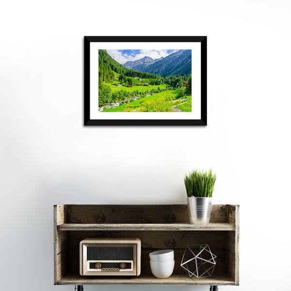 Alpine Cottages With Mountains Canvas Wall Art-1 Piece-Framed Print-20" x 16"-Tiaracle