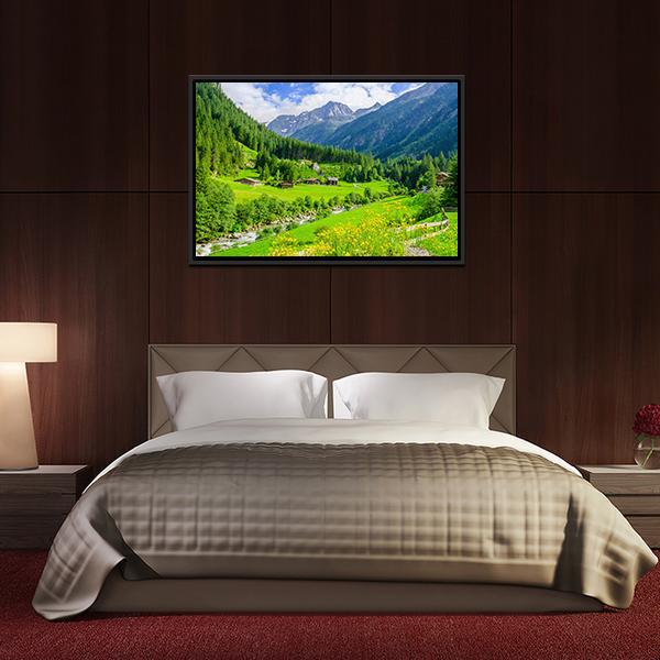Alpine Cottages With Mountains Canvas Wall Art-3 Horizontal-Gallery Wrap-25" x 16"-Tiaracle