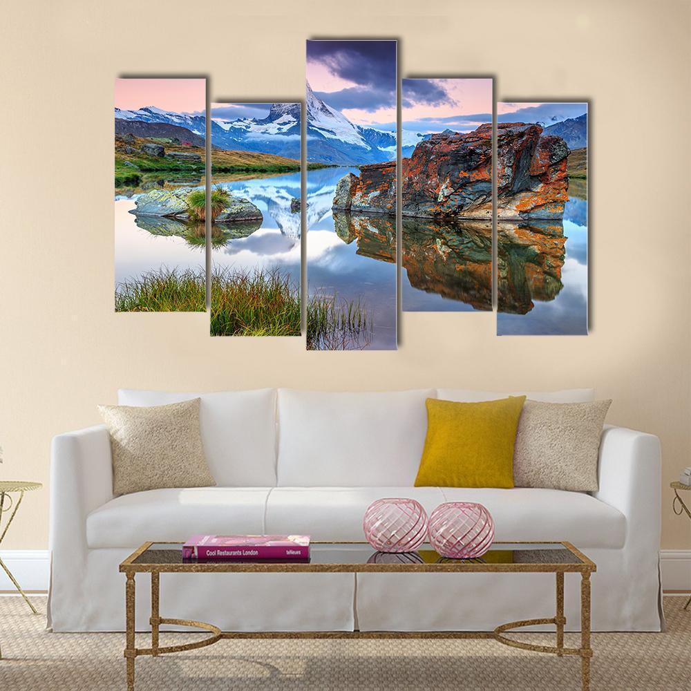 Alpine Lake & Matterhorn Canvas Wall Art-5 Pop-Gallery Wrap-47" x 32"-Tiaracle