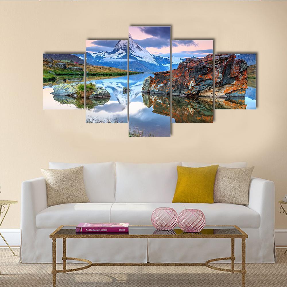 Alpine Lake & Matterhorn Canvas Wall Art-5 Star-Gallery Wrap-62" x 32"-Tiaracle
